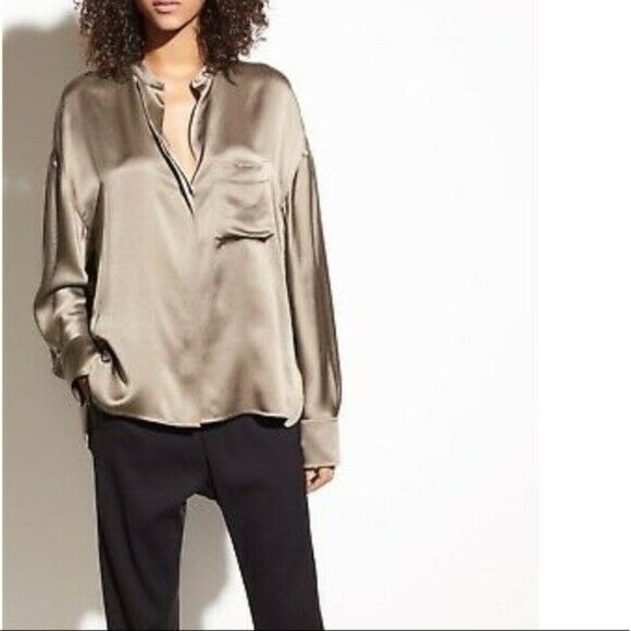 Vince Tops - Vince Shirt Blouse 100% Silk Single Pocket Satin Silk Aloe Tan sz 2